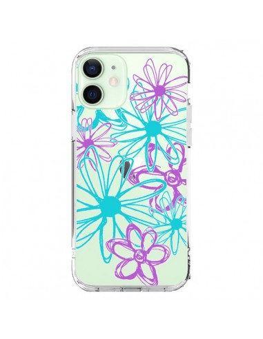 Cover iPhone 12 Mini Fiori Viola e Turchesi Trasparente - Sylvia Cook