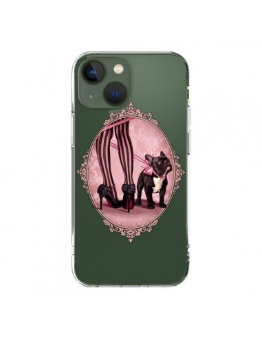 Cover iPhone 13 Lady Jambes Cane Bulldog Dog Rosa Pois Nero Trasparente - Maryline Cazenave