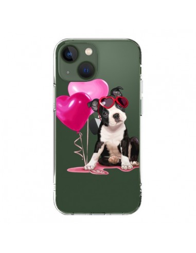 Cover iPhone 13 Cane Dog Palloncini Occhiali Cuore Rosa Trasparente - Maryline Cazenave