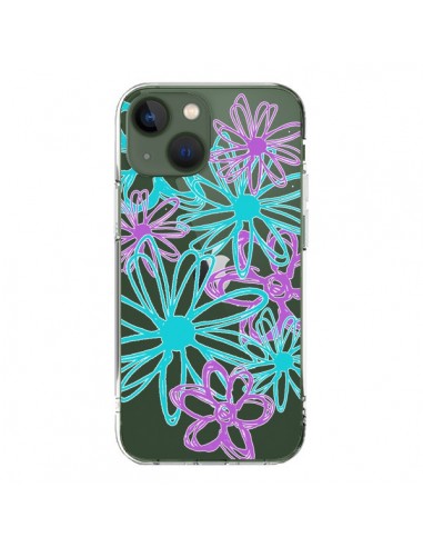 Cover iPhone 13 Fiori Viola e Turchesi Trasparente - Sylvia Cook