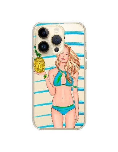 Cover iPhone 14 Pro Malibu Ananas Plage Ete Blu Trasparente - kateillustrate