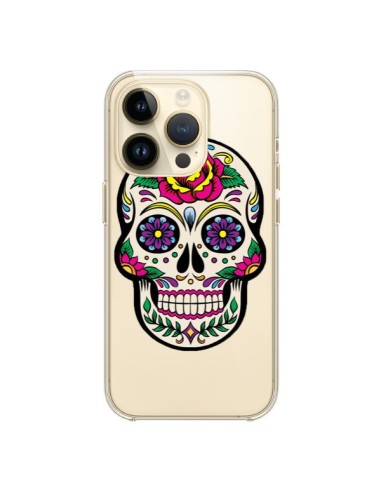 Coque iPhone 14 Pro Tête de Mort Mexicaine Fleurs Transparente - Laetitia