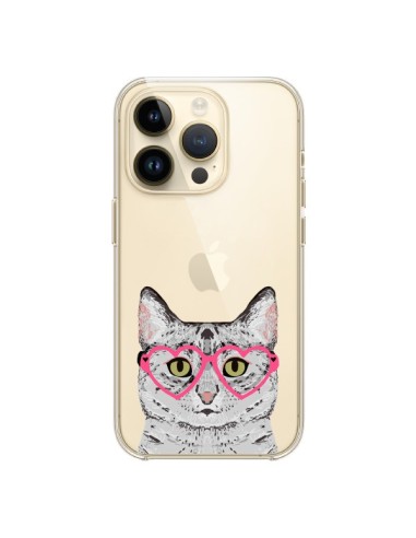 Cover iPhone 14 Pro Gatto Grigio Occhiali Cuori Trasparente - Pet Friendly