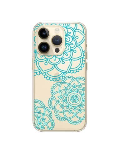 Cover iPhone 14 Pro Mandala Verde acqua Doodle fiori Trasparente - Sylvia Cook