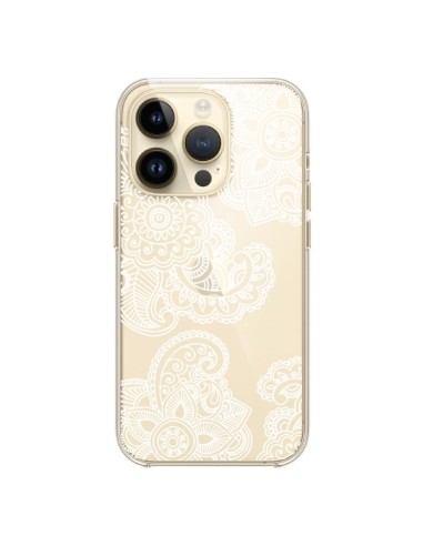 Cover iPhone 14 Pro Lacey Paisley Mandala Bianco Fiori Trasparente - Sylvia Cook