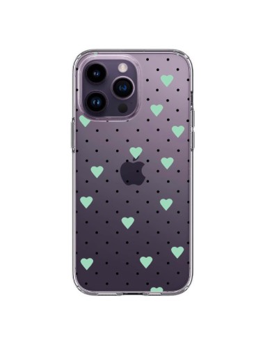 Cover iPhone 14 Pro Max Punti Cuori Verde Menta Trasparente - Project M