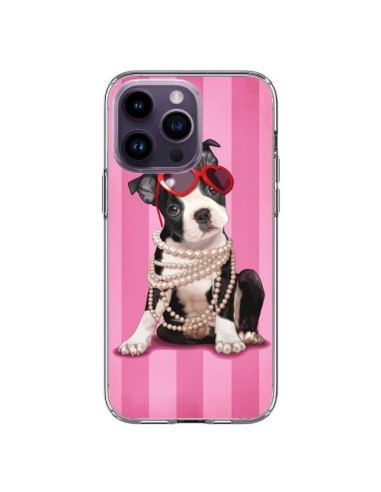 Cover iPhone 14 Pro Max Cane Fashion Collana di Perle Occhiali Cuore  - Maryline Cazenave