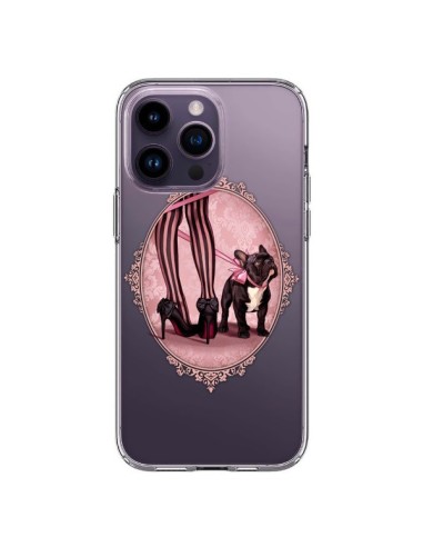 Cover iPhone 14 Pro Max Lady Jambes Cane Bulldog Dog Rosa Pois Nero Trasparente - Maryline Cazenave