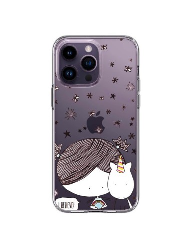 Cover iPhone 14 Pro Max Bambina e Unicorno I Believe Trasparente - Nico