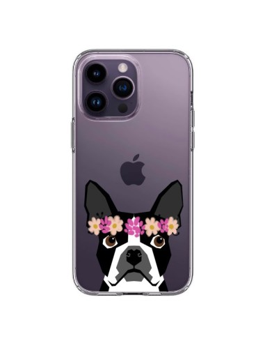 Cover iPhone 14 Pro Max Boston Terrier Fiori Cane Trasparente - Pet Friendly