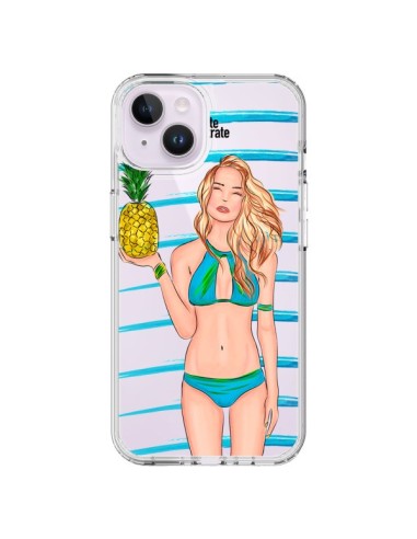 Cover iPhone 14 Plus Malibu Ananas Plage Ete Blu Trasparente - kateillustrate