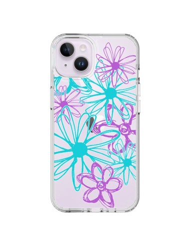 Cover iPhone 14 Plus Fiori Viola e Turchesi Trasparente - Sylvia Cook