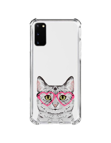 Coque Samsung Galaxy S20 FE Chat Gris Lunettes Coeurs Transparente - Pet Friendly