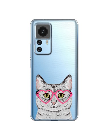 Coque Xiaomi 12T/12T Pro Chat Gris Lunettes Coeurs Transparente - Pet Friendly