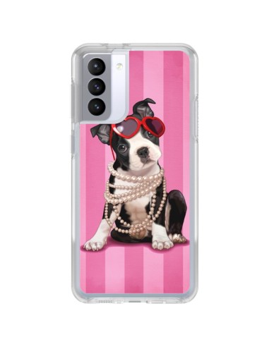 Coque Samsung Galaxy S21 FE Chien Dog Fashion Collier Perles Lunettes Coeur - Maryline Cazenave