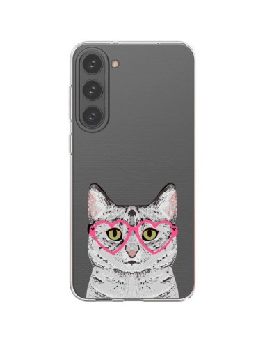 Cover Samsung Galaxy S23 Plus 5G Gatto Grigio Occhiali Cuori Trasparente - Pet Friendly