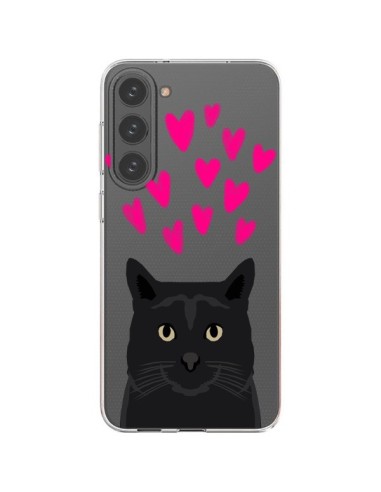 Cover Samsung Galaxy S23 Plus 5G Gatto Nero Cuori Trasparente - Pet Friendly