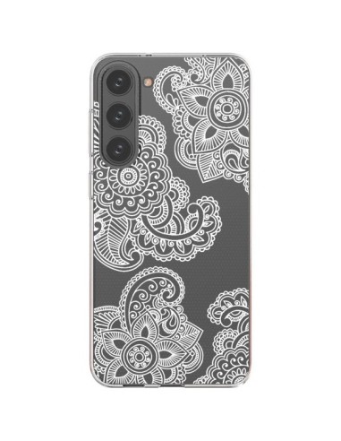 Coque Samsung Galaxy S23 Plus 5G Lacey Paisley Mandala Blanc Fleur Transparente - Sylvia Cook