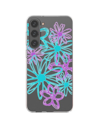 Cover Samsung Galaxy S23 Plus 5G Fiori Viola e Turchesi Trasparente - Sylvia Cook