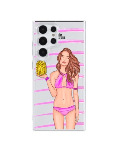 Coque Samsung Galaxy S23 Ultra 5G Malibu Ananas Plage Ete Rose Transparente - kateillustrate