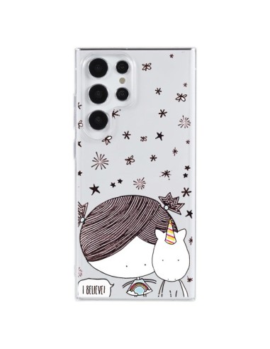 Coque Samsung Galaxy S23 Ultra 5G Petite Fille et Licorne I Believe Transparente - Nico