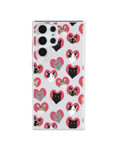 Cover Samsung Galaxy S23 Ultra 5G Gatto Cuori Trasparente - Pet Friendly