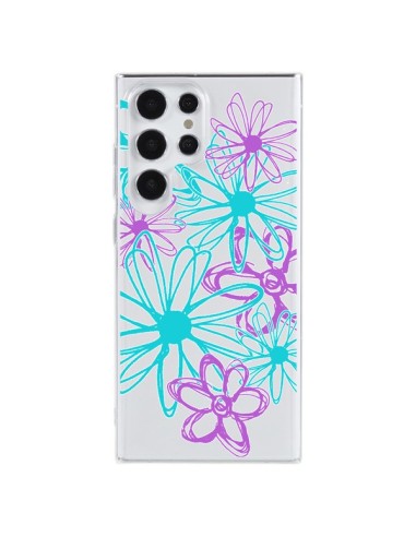 Cover Samsung Galaxy S23 Ultra 5G Fiori Viola e Turchesi Trasparente - Sylvia Cook