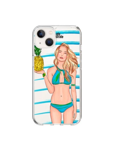 Coque iPhone 15 Malibu Ananas Plage Ete Bleu Transparente - kateillustrate