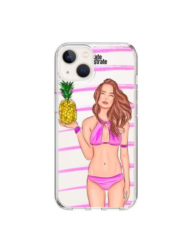 Cover iPhone 15 Malibu Ananas Spiaggia Estate Rosa Trasparente - kateillustrate