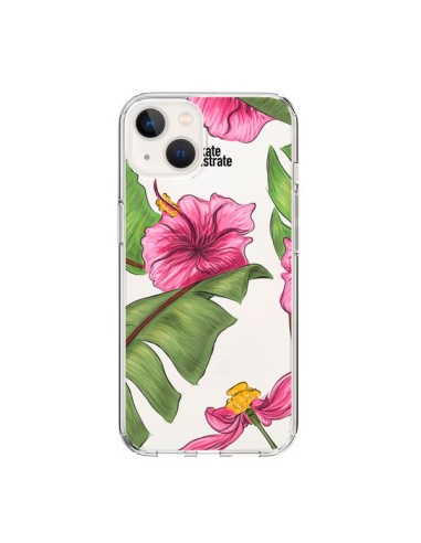 Coque iPhone 15 Tropical Leaves Fleurs Feuilles Transparente - kateillustrate