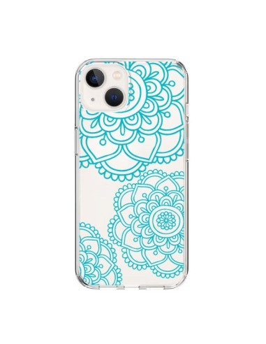 Coque iPhone 15 Mandala Bleu Aqua Doodle Flower Transparente - Sylvia Cook