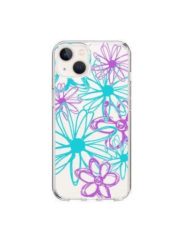 Cover iPhone 15 Fiori Viola e Turchesi Trasparente - Sylvia Cook