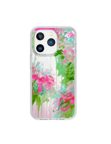 Cover iPhone 15 Pro Fiori Rosa Verde Trasparente - Ebi Emporium