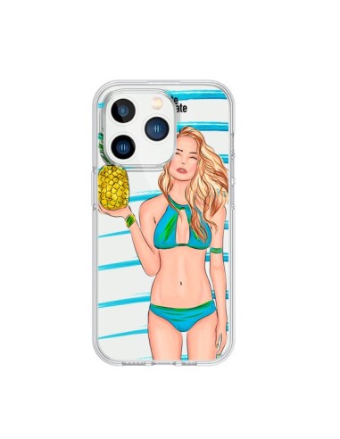 Cover iPhone 15 Pro Malibu Ananas Plage Ete Blu Trasparente - kateillustrate