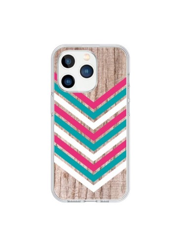 Cover iPhone 15 Pro Tribale Azteco Legno Wood Freccia Rosa Blu - Laetitia