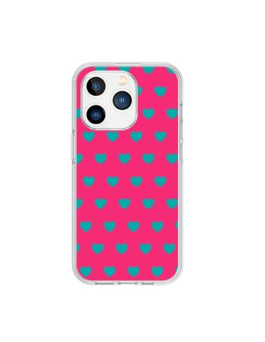 Coque iPhone 15 Pro Coeurs Bleus Fond Rose - Laetitia