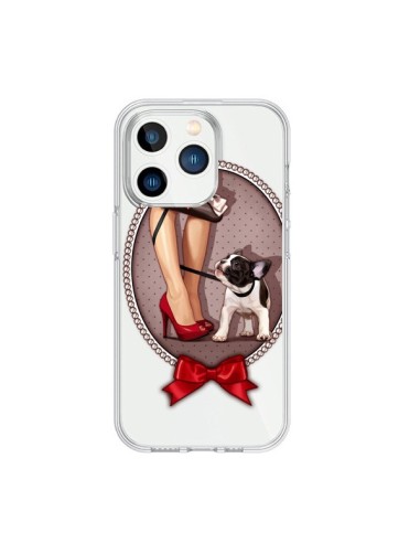 Cover iPhone 15 Pro Lady Jambes Cane Bulldog Dog Pois Papillon Trasparente - Maryline Cazenave