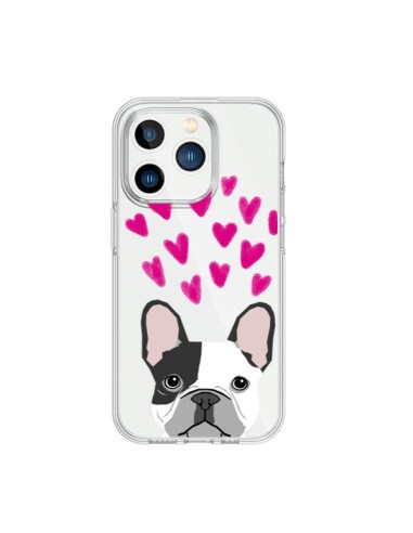 Coque iPhone 15 Pro Bulldog Français Coeurs Chien Transparente - Pet Friendly