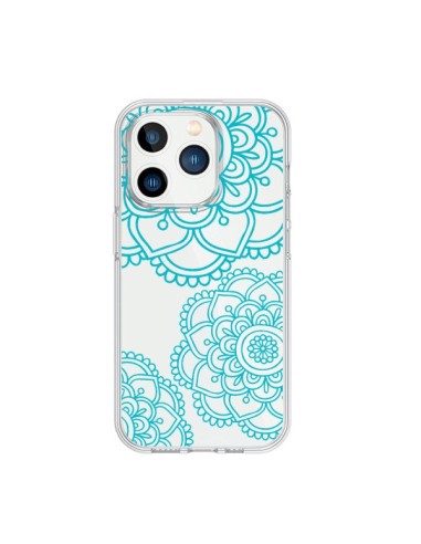 Cover iPhone 15 Pro Mandala Verde acqua Doodle fiori Trasparente - Sylvia Cook