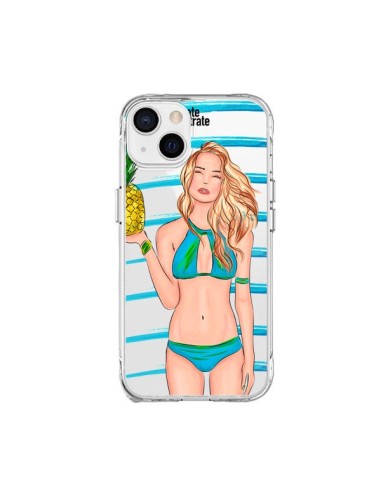 Coque iPhone 15 Plus Malibu Ananas Plage Ete Bleu Transparente - kateillustrate