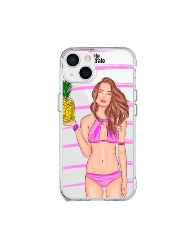 Coque iPhone 15 Plus Malibu Ananas Plage Ete Rose Transparente - kateillustrate