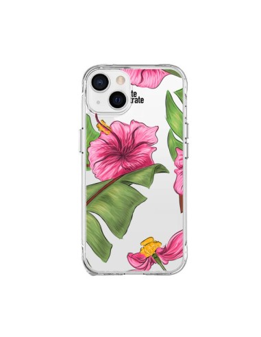 Coque iPhone 15 Plus Tropical Leaves Fleurs Feuilles Transparente - kateillustrate