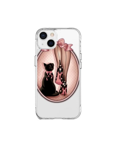 Cover iPhone 15 Plus Lady Gatto Papillon Pois Scarpe Trasparente - Maryline Cazenave