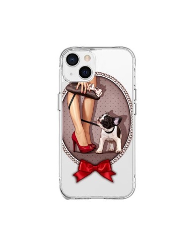 Coque iPhone 15 Plus Lady Jambes Chien Bulldog Dog Pois Noeud Papillon Transparente - Maryline Cazenave