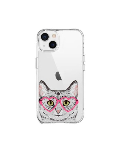 Coque iPhone 15 Plus Chat Gris Lunettes Coeurs Transparente - Pet Friendly