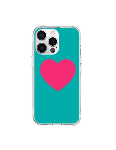 Coque iPhone 15 Pro Max Coeur Rose Fond Bleu  - Laetitia