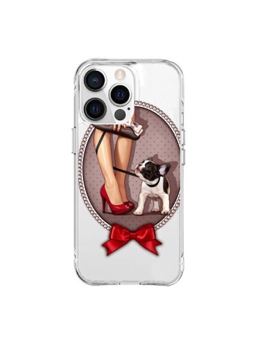 Cover iPhone 15 Pro Max Lady Jambes Cane Bulldog Dog Pois Papillon Trasparente - Maryline Cazenave