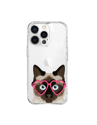 Coque iPhone 15 Pro Max Chat Marron Lunettes Coeurs Transparente - Pet Friendly