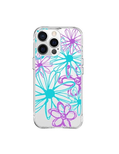 Cover iPhone 15 Pro Max Fiori Viola e Turchesi Trasparente - Sylvia Cook