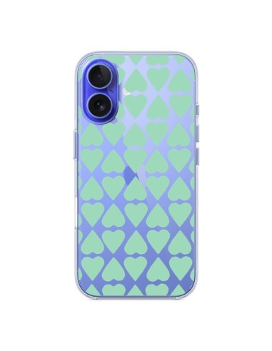 Coque iPhone 16 Coeurs Heart Mint Bleu Vert Transparente - Project M